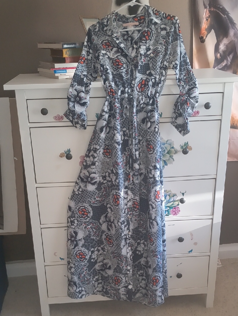 Floral Long Sleeve Maxi Dress - Blue, White & Red Accents